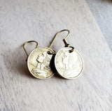 French Woman's Profile Brass Earrings