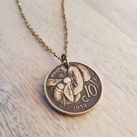 Vintage Italy Honeybee Coin Necklace, 10 Centesimi, Copper + Brass