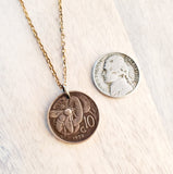 Vintage Italy Honeybee Coin Necklace, 10 Centesimi, Copper + Brass