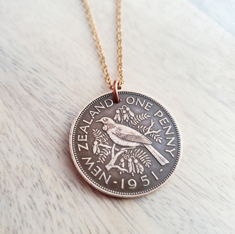 1951 New Zealand One Penny Vintage Coin Necklace