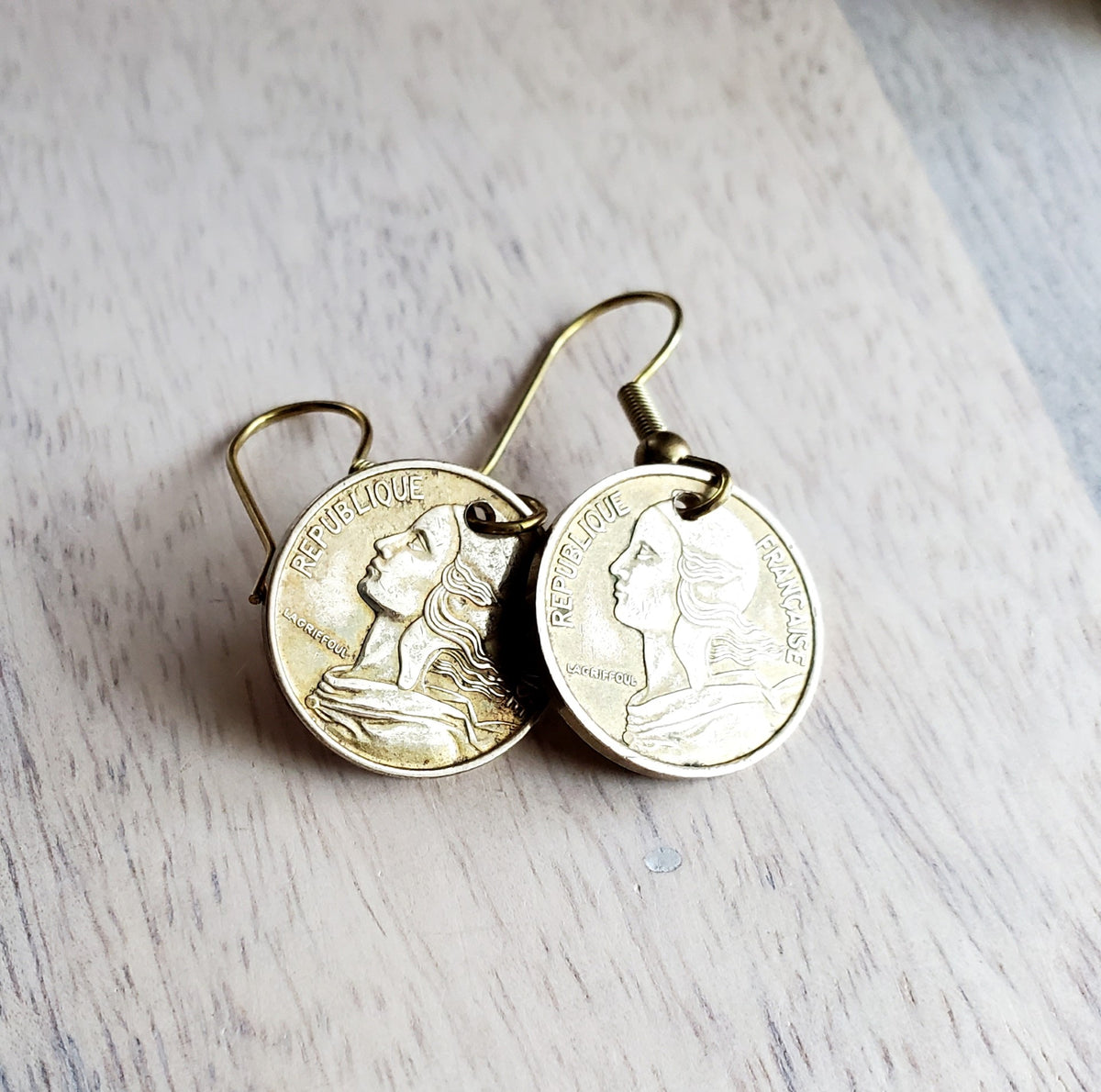 French Woman's Profile Brass Earrings