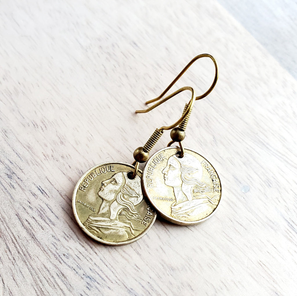 French Woman's Profile Brass Earrings
