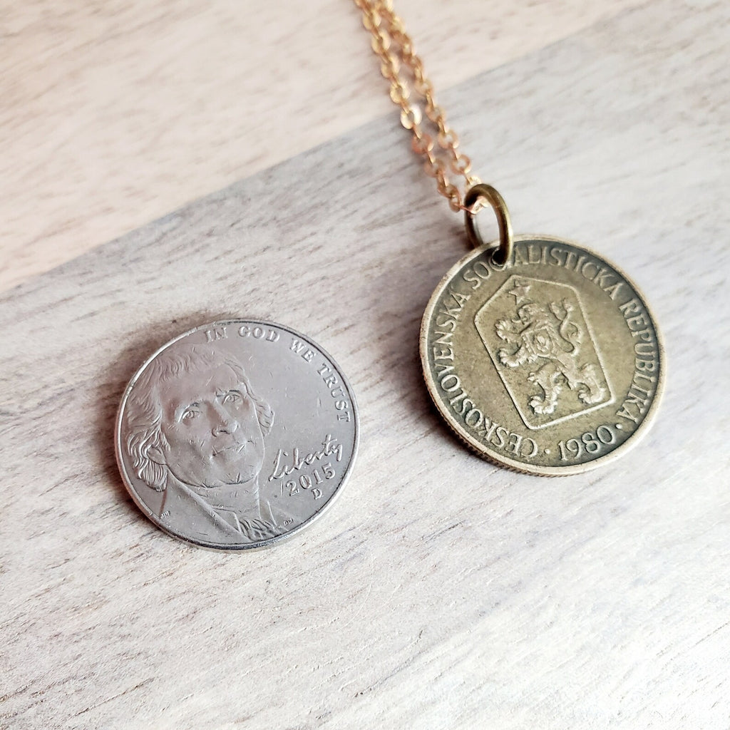 Vintage Czechoslovakia 1 Koruna Coin Necklace, Gardener, Farmer, Woman