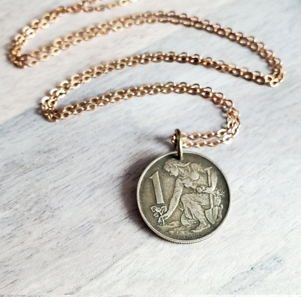 Vintage Czechoslovakia 1 Koruna Coin Necklace, Gardener, Farmer, Woman