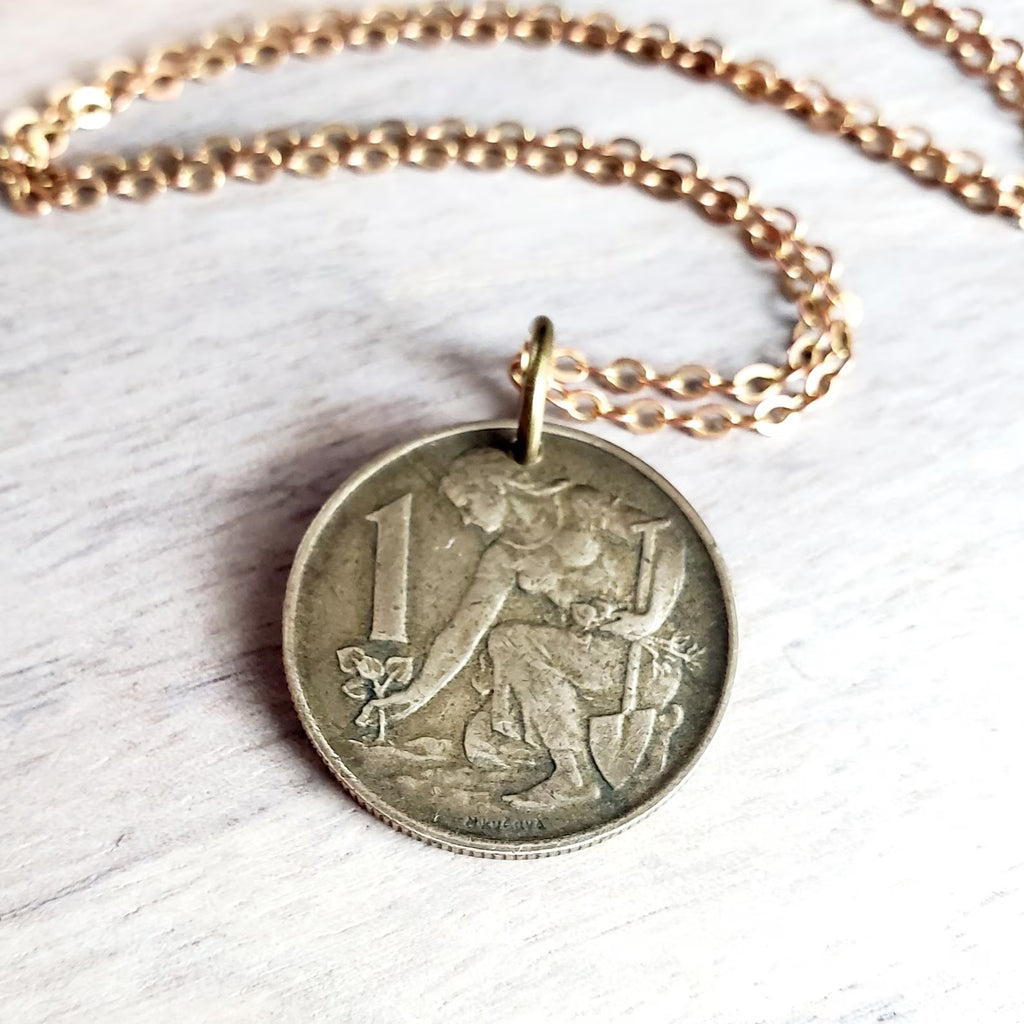 Vintage Czechoslovakia 1 Koruna Coin Necklace, Gardener, Farmer, Woman
