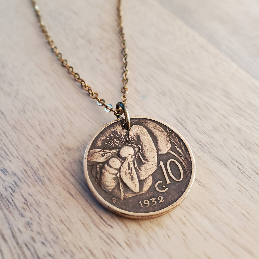 Vintage Italy Honeybee Coin Necklace, 10 Centesimi, Copper + Brass