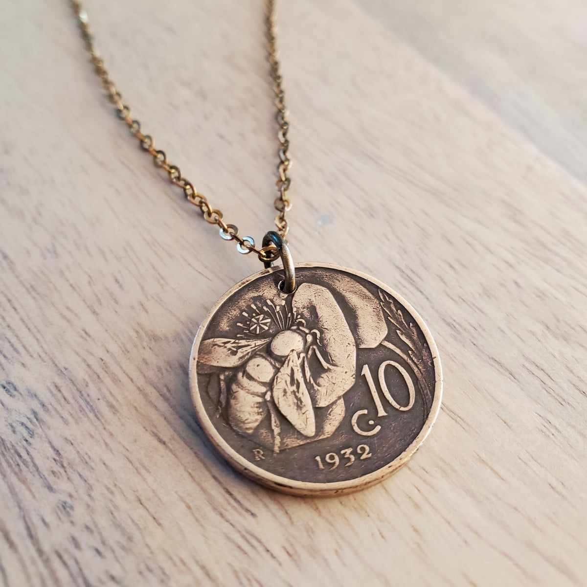 Vintage Italy Honeybee Coin Necklace, 10 Centesimi, Copper + Brass