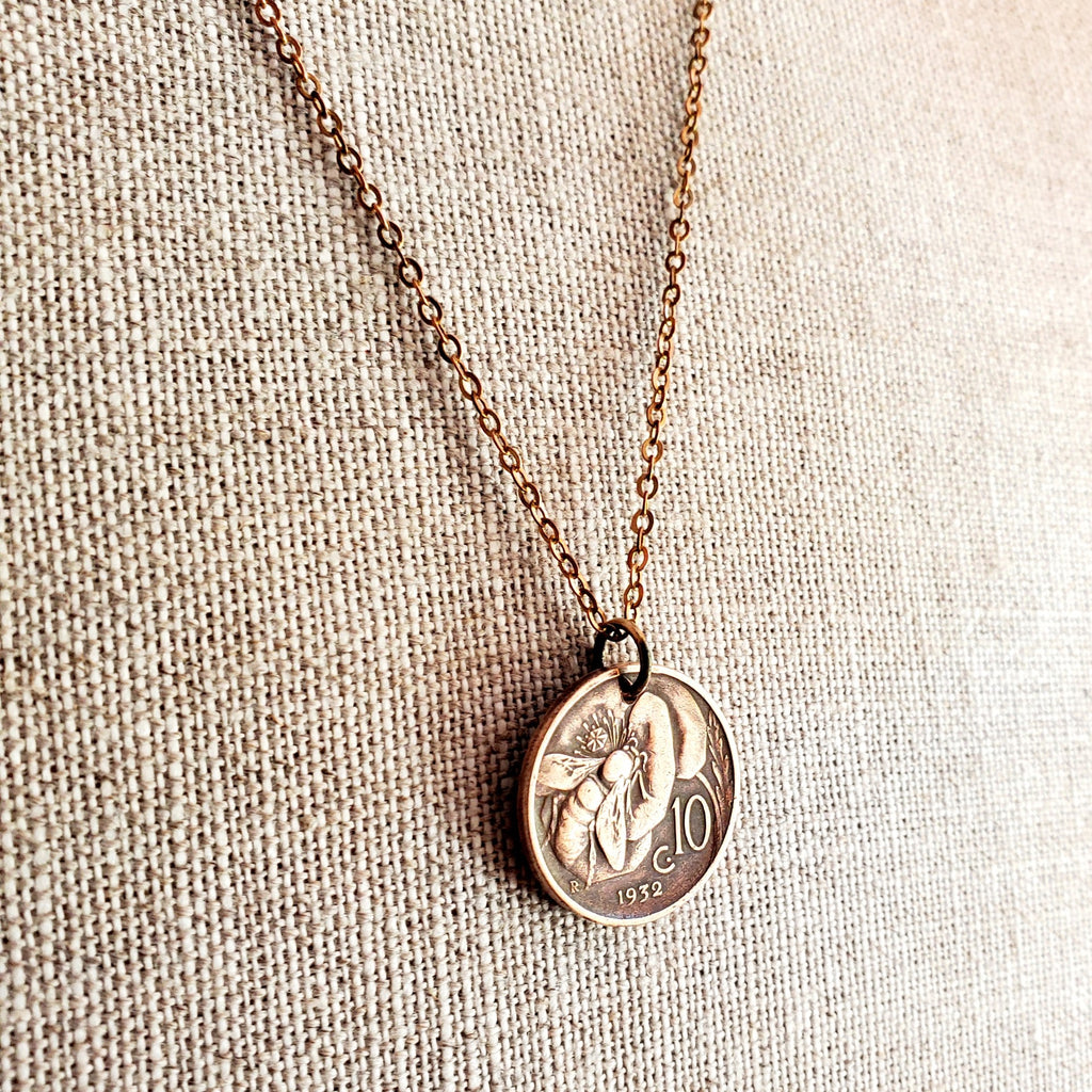 Vintage Italy Honeybee Coin Necklace, 10 Centesimi, Copper + Brass