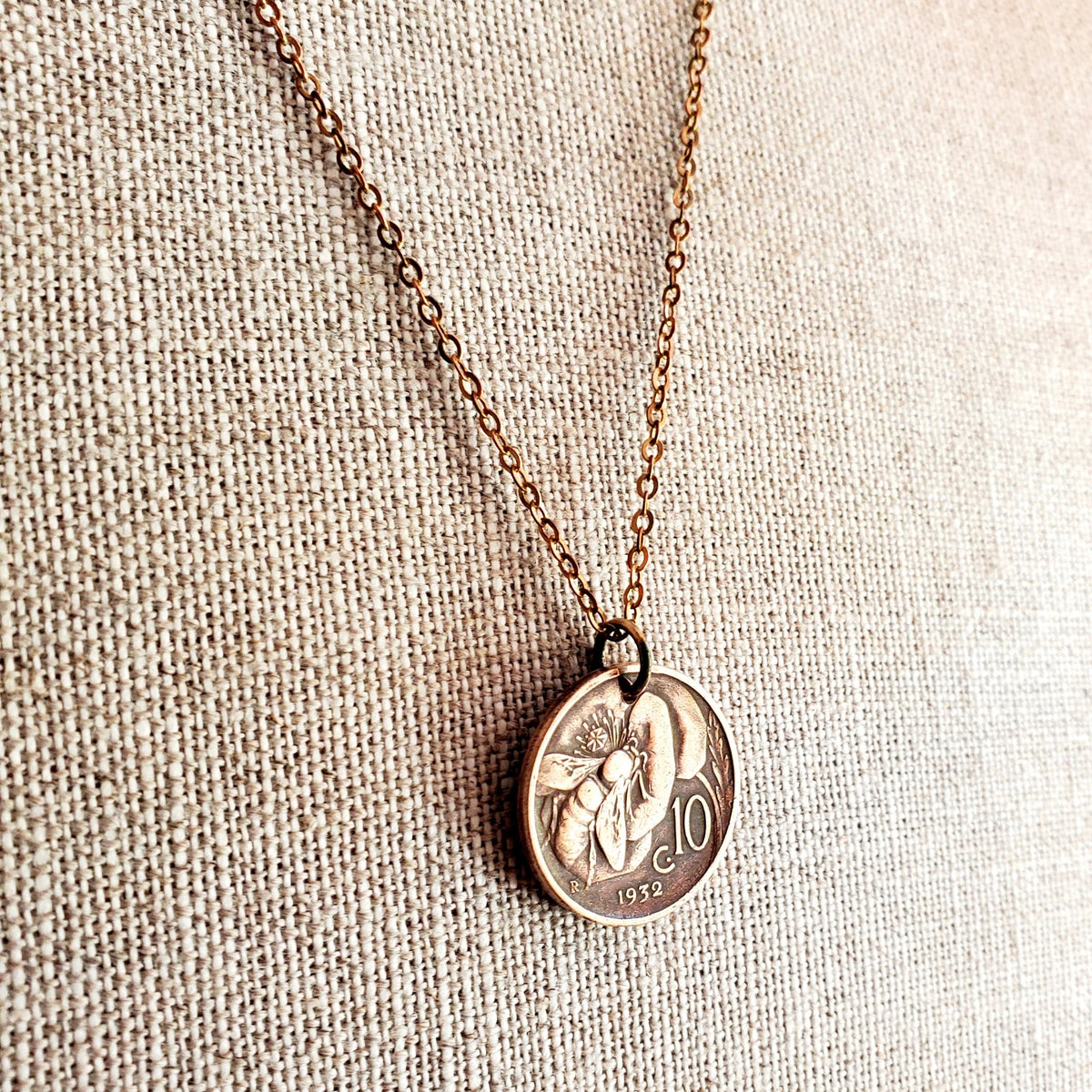 Vintage Italy Honeybee Coin Necklace, 10 Centesimi, Copper + Brass