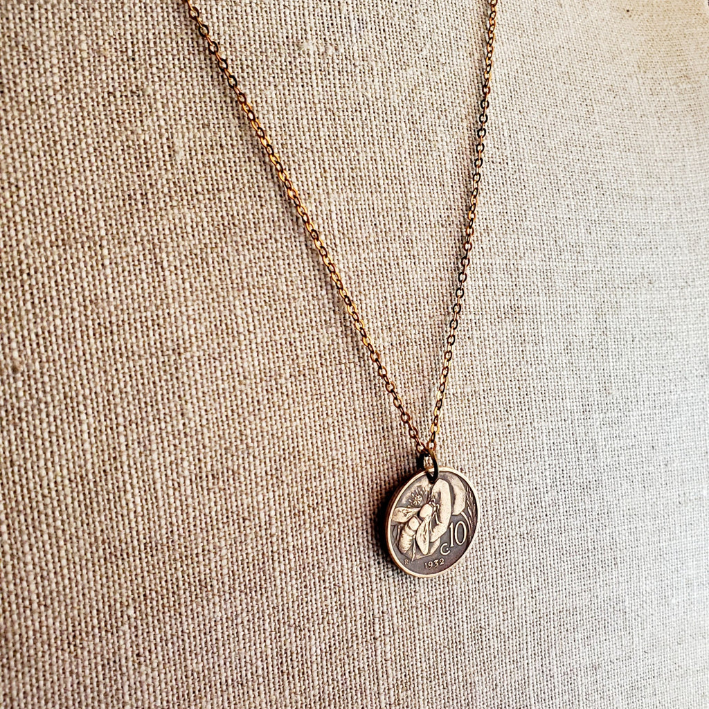 Vintage Italy Honeybee Coin Necklace, 10 Centesimi, Copper + Brass