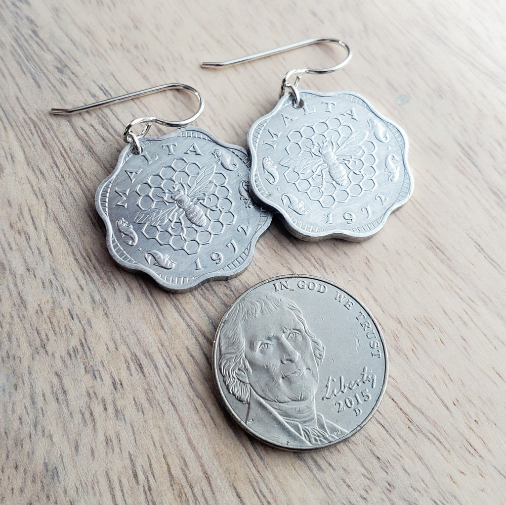 Malta Honeybee Scalloped Coin Earrings, Sterling Silver