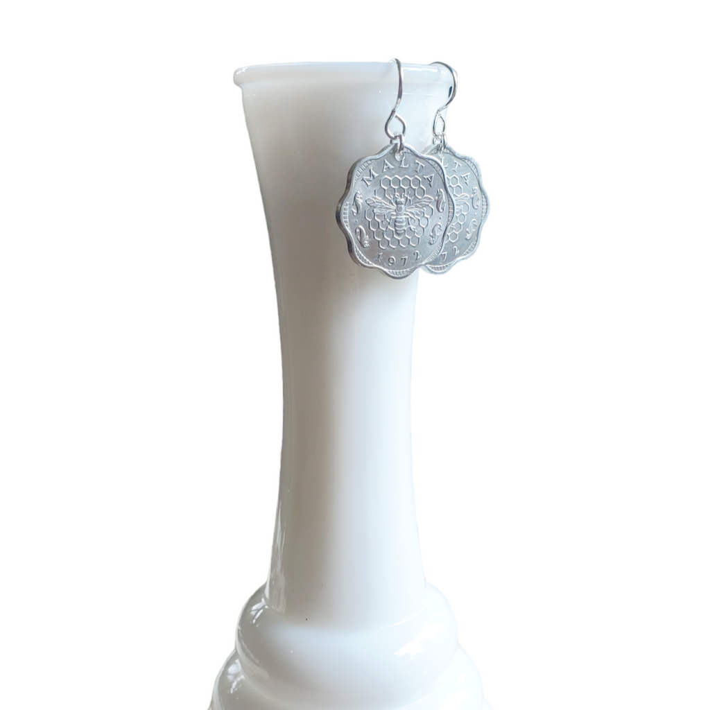 Malta Honeybee Scalloped Coin Earrings, Sterling Silver