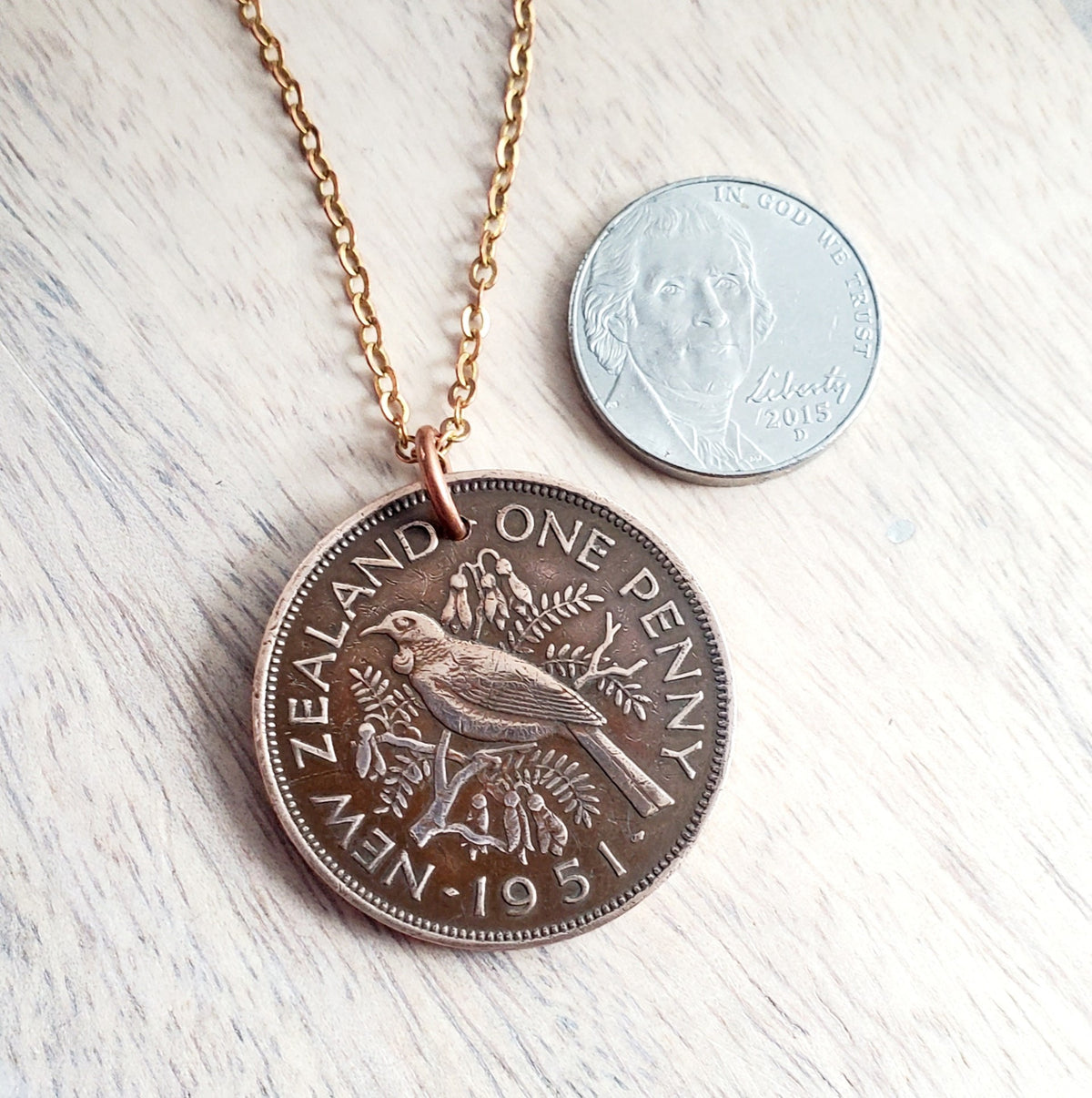 1951 New Zealand One Penny Vintage Coin Necklace