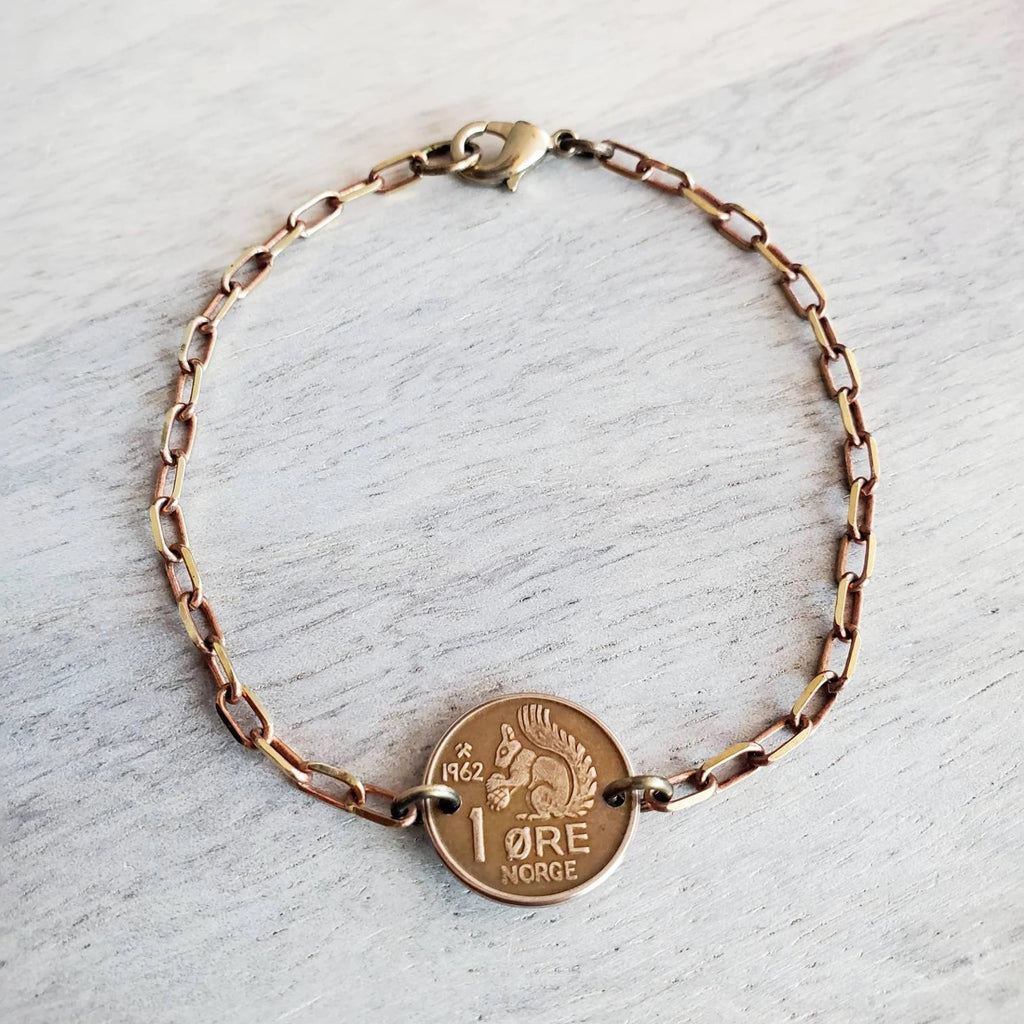 Norway Squirrel Coin Bracelet, Copper, Brass Cable Chain