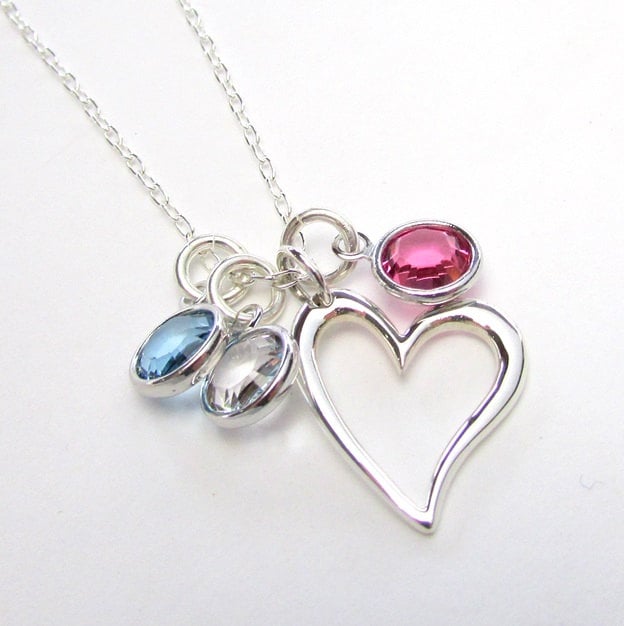 Mothers Silver Heart Necklace with Crystal Birthstones, 925 Sterling Silver Pendant and Chain, by E. Ria Designs