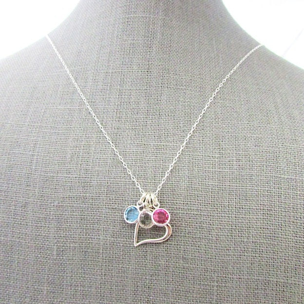 Mothers Silver Heart Necklace with Crystal Birthstones, 925 Sterling Silver Pendant and Chain, by E. Ria Designs