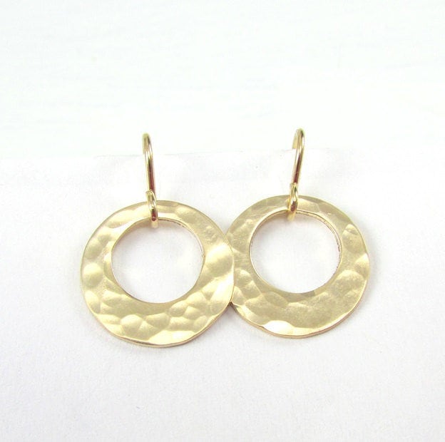 Hammered Gold Washer Earrings | Hammered Gold Earrings | 14K Gold Filled Earrings | Gold Circle Earrings | Off Center Gold Washer Earrings