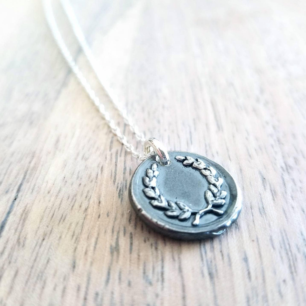 Sterling Silver Laurel Wreath Wax Seal Charm Necklace, Rustic .999 Silver Oxidized Pendant, Triumph Victory Symbol Gift Boxed E. Ria Designs