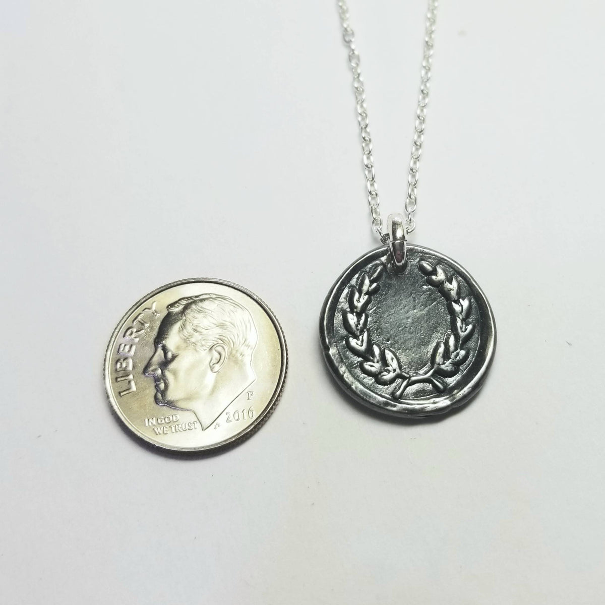 Sterling Silver Laurel Wreath Wax Seal Charm Necklace, Rustic .999 Silver Oxidized Pendant, Triumph Victory Symbol Gift Boxed E. Ria Designs