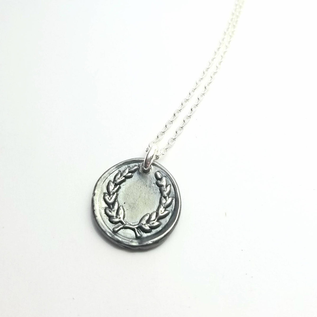 Sterling Silver Laurel Wreath Wax Seal Charm Necklace, Rustic .999 Silver Oxidized Pendant, Triumph Victory Symbol Gift Boxed E. Ria Designs