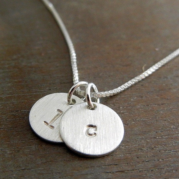 Two Charm Initial Necklace, Hand Stamped Sterling Silver Lowercase JENNA DUO Necklace by E. Ria Designs
