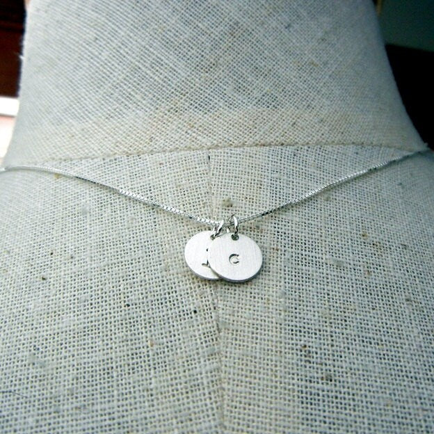 Two Charm Initial Necklace, Hand Stamped Sterling Silver Lowercase JENNA DUO Necklace by E. Ria Designs