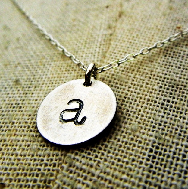 Rustic Oxidized Lowercase Initial Necklace, Hand Stamped Artisan Made Charm, Choose Your Finish E. Ria Designs