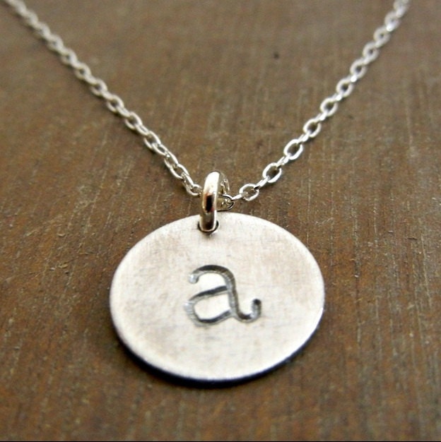 Rustic Oxidized Lowercase Initial Necklace, Hand Stamped Artisan Made Charm, Choose Your Finish E. Ria Designs