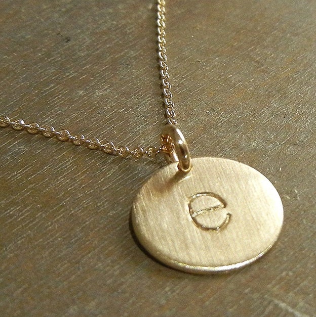 Gold Letter Charm Necklace, Lowercase Typewriter Hand Stamped Artisan Made Jewelry, 14K Gold Filled, Made in USA, E. Ria Designs