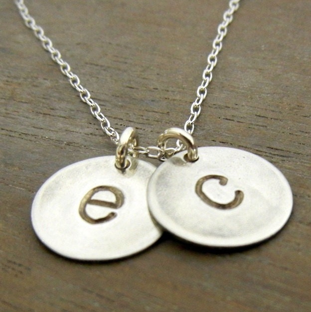 Rustic Lowercase Letter Charm Necklace, Two Antiqued Sterling Silver Letter Charms Hand Stamped Personalized by E. Ria Designs in USA