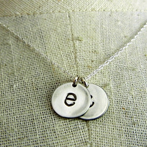 Rustic Lowercase Letter Charm Necklace, Two Antiqued Sterling Silver Letter Charms Hand Stamped Personalized by E. Ria Designs in USA