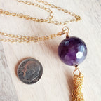Long Gold Necklace, Genuine Amethyst Tassel Pendant, February Birthstone, Gold Oval Link Chain, 14K GF, Handcrafted in USA , Gift Box