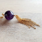 Long Gold Necklace, Genuine Amethyst Tassel Pendant, February Birthstone, Gold Oval Link Chain, 14K GF, Handcrafted in USA , Gift Box