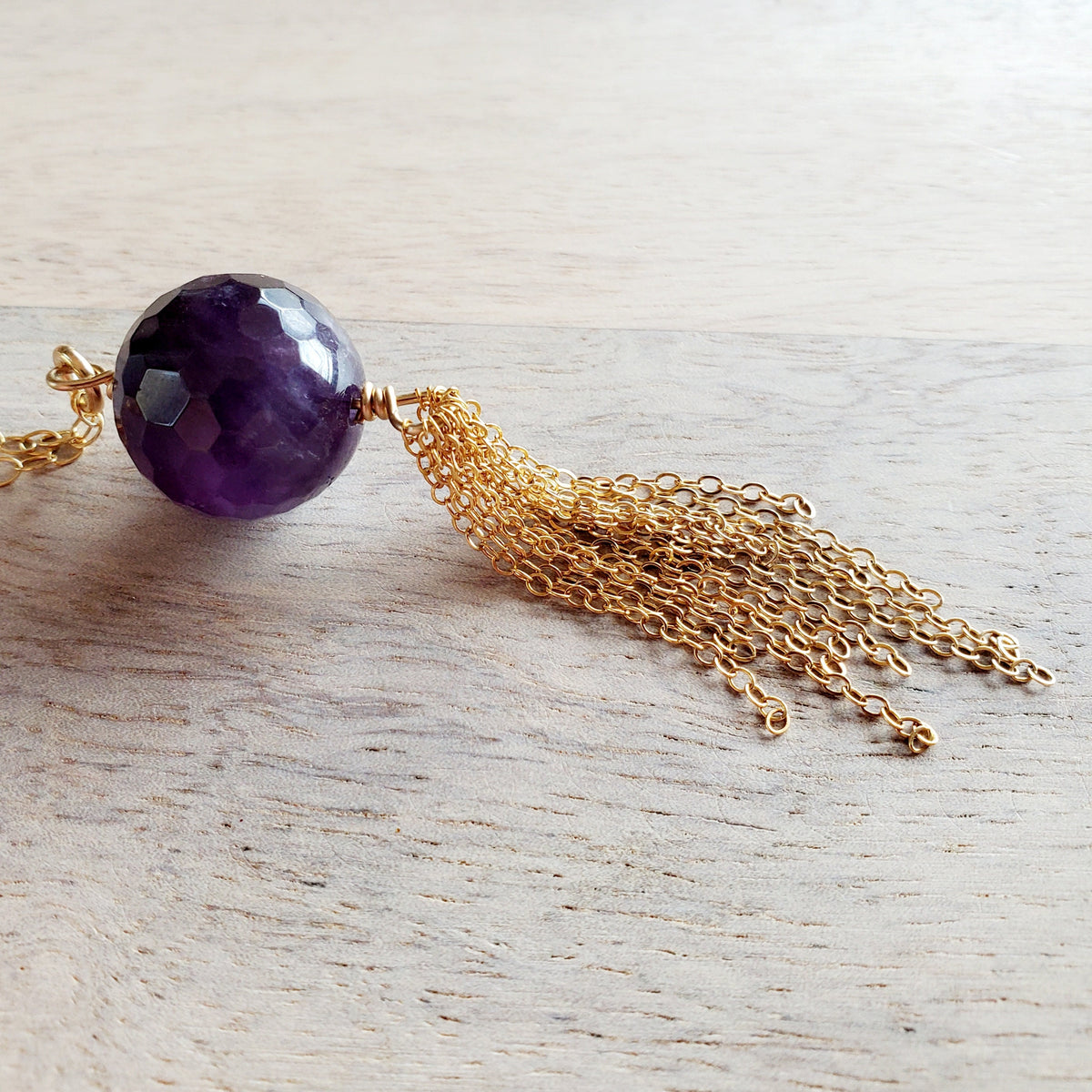 Long Gold Necklace, Genuine Amethyst Tassel Pendant, February Birthstone, Gold Oval Link Chain, 14K GF, Handcrafted in USA , Gift Box