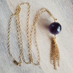 Long Gold Necklace, Genuine Amethyst Tassel Pendant, February Birthstone, Gold Oval Link Chain, 14K GF, Handcrafted in USA , Gift Box