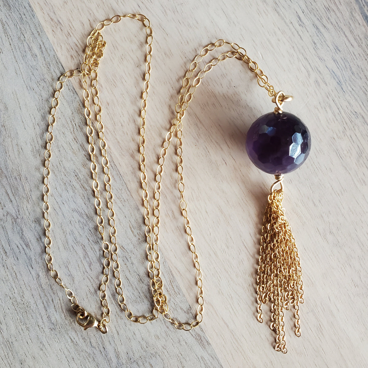 Long Gold Necklace, Genuine Amethyst Tassel Pendant, February Birthstone, Gold Oval Link Chain, 14K GF, Handcrafted in USA , Gift Box