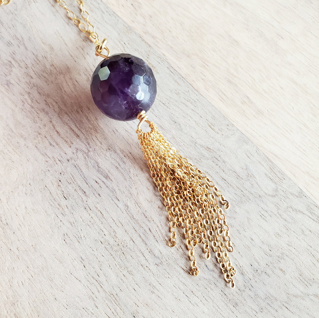 Long Gold Necklace, Genuine Amethyst Tassel Pendant, February Birthstone, Gold Oval Link Chain, 14K GF, Handcrafted in USA , Gift Box