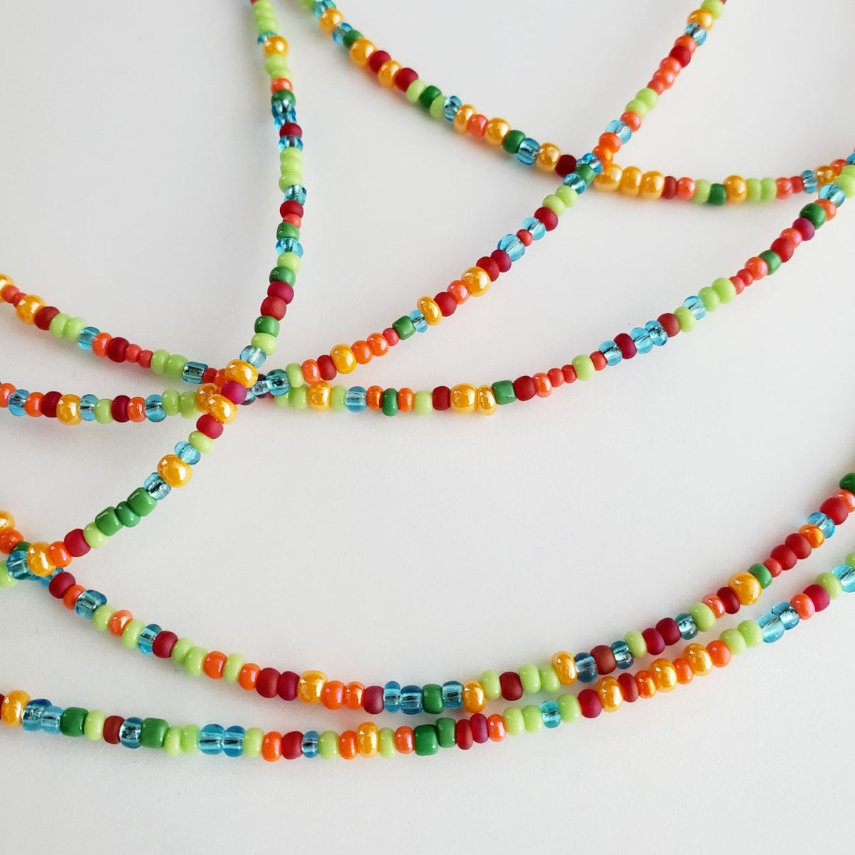 Multi-Colored Bright Glass Bead Long Necklace, Red, Blue, Orange, Green 14K Gold Filled Lobster Clasp, E. Ria Designs, Artisan Made Jewelry