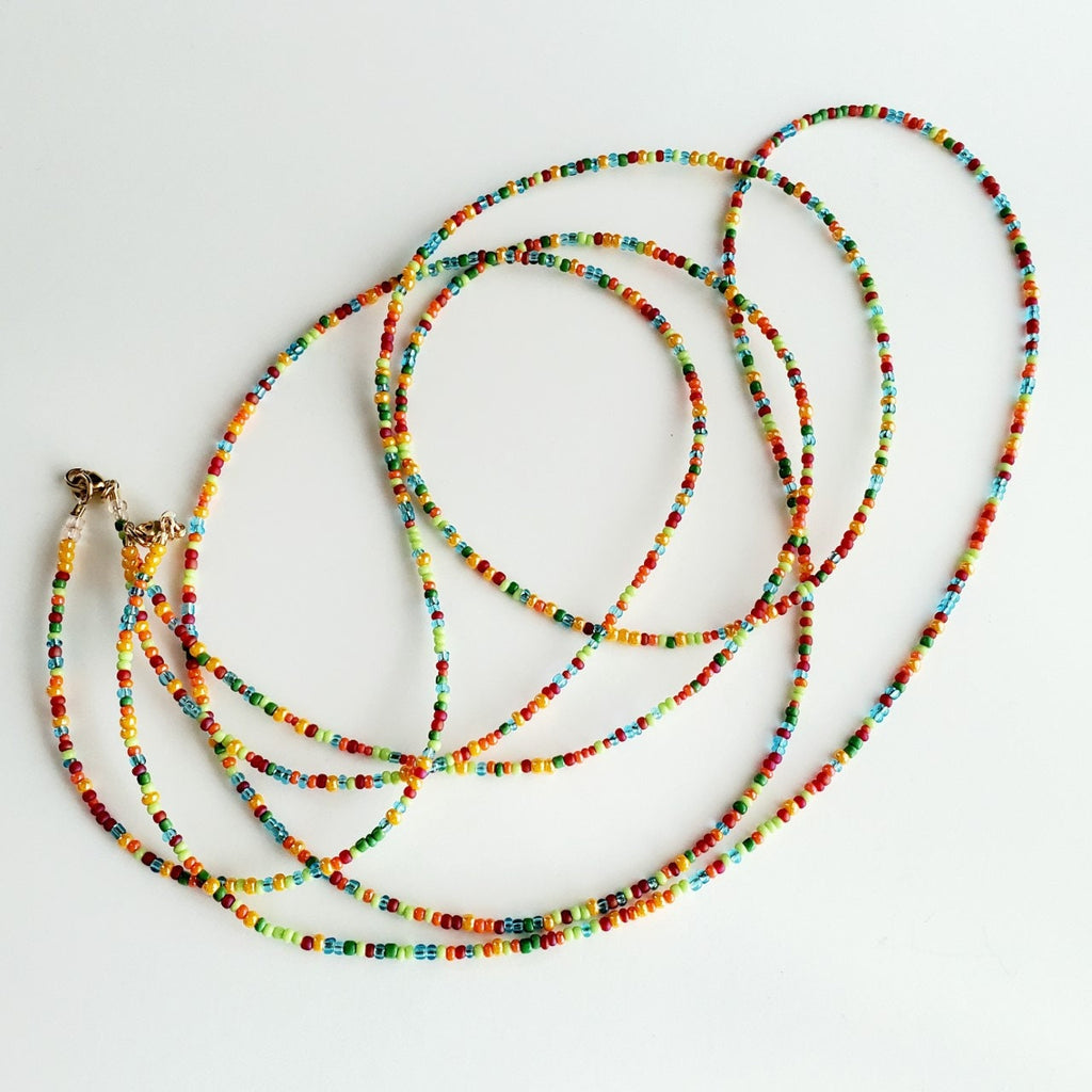 Multi-Colored Bright Glass Bead Long Necklace, Red, Blue, Orange, Green 14K Gold Filled Lobster Clasp, E. Ria Designs, Artisan Made Jewelry