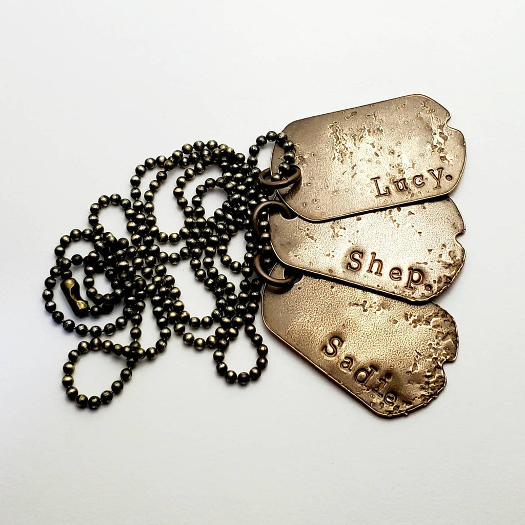 Three Dog Tag Necklace, Hand Stamped Rugged Necklace for Men, Antiqued Brass Pendants and Ball Chain, Personalized Name Charms, ERiaDesigns