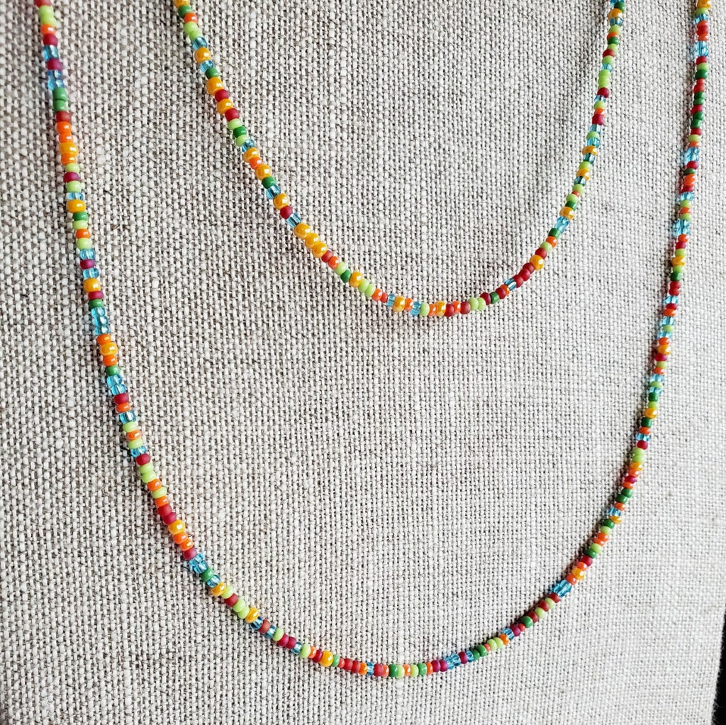 Multi-Colored Bright Glass Bead Long Necklace, Red, Blue, Orange, Green 14K Gold Filled Lobster Clasp, E. Ria Designs, Artisan Made Jewelry