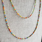 Multi-Colored Bright Glass Bead Long Necklace, Red, Blue, Orange, Green 14K Gold Filled Lobster Clasp, E. Ria Designs, Artisan Made Jewelry