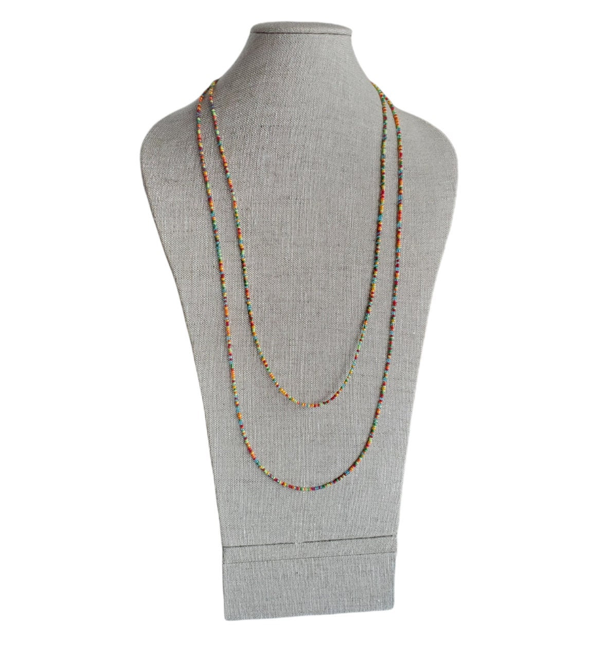 Multi-Colored Bright Glass Bead Long Necklace, Red, Blue, Orange, Green 14K Gold Filled Lobster Clasp, E. Ria Designs, Artisan Made Jewelry
