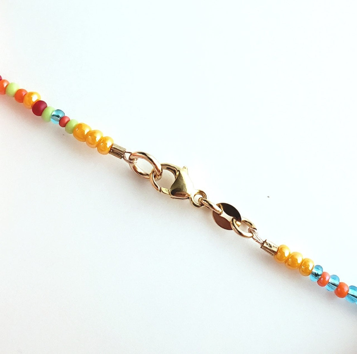 Multi-Colored Bright Glass Bead Long Necklace, Red, Blue, Orange, Green 14K Gold Filled Lobster Clasp, E. Ria Designs, Artisan Made Jewelry