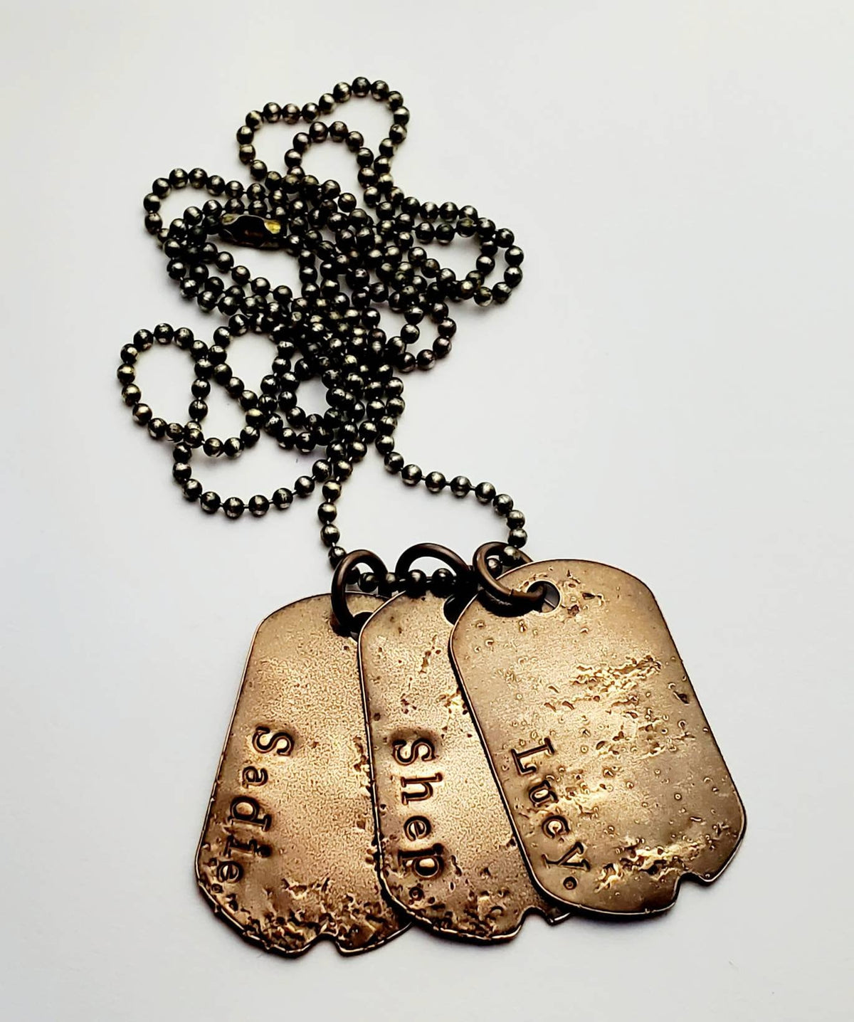 Three Dog Tag Necklace, Hand Stamped Rugged Necklace for Men, Antiqued Brass Pendants and Ball Chain, Personalized Name Charms, ERiaDesigns