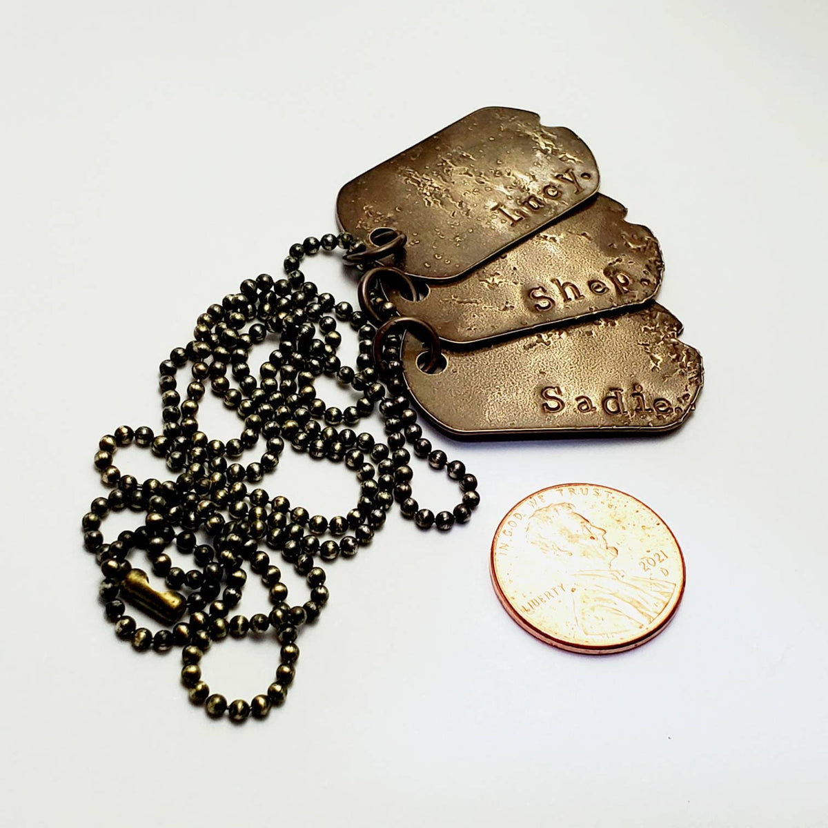 Three Dog Tag Necklace, Hand Stamped Rugged Necklace for Men, Antiqued Brass Pendants and Ball Chain, Personalized Name Charms, ERiaDesigns