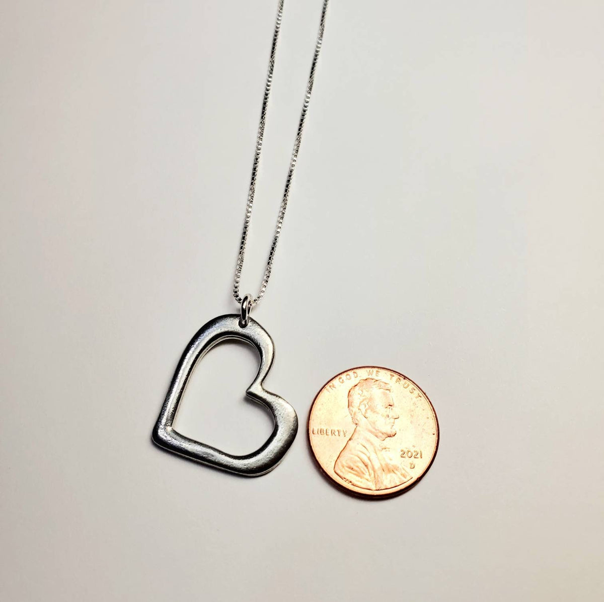 Chunky Silver Heart Necklace, Pewter Outline Heart Charm, .925 Sterling Silver Chain, Valentine's Gift Hand Made in USA, E. Ria Designs