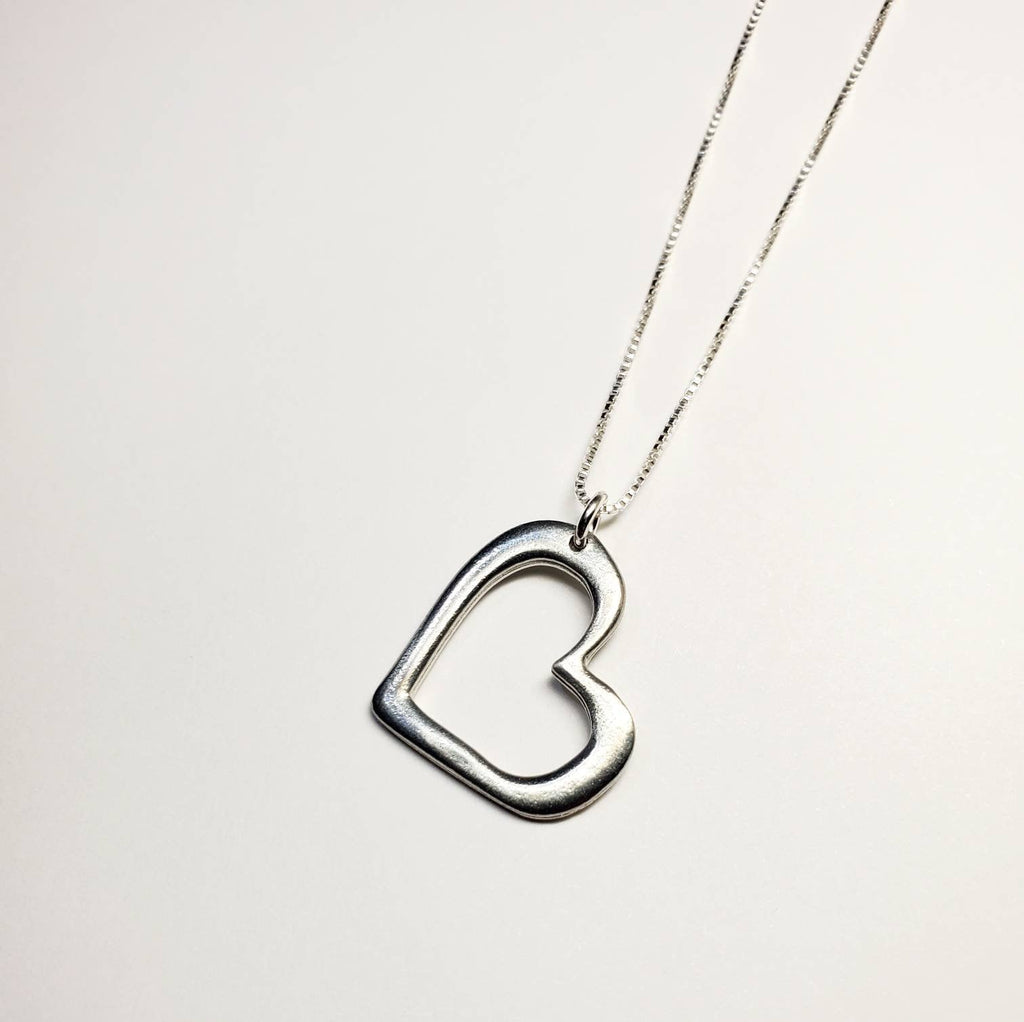 Chunky Silver Heart Necklace, Pewter Outline Heart Charm, .925 Sterling Silver Chain, Valentine's Gift Hand Made in USA, E. Ria Designs