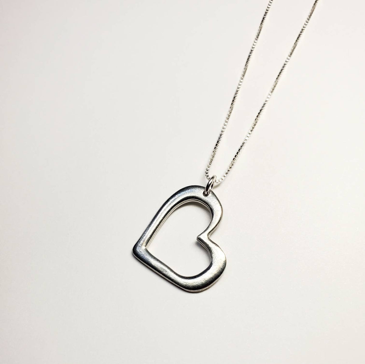 Chunky Silver Heart Necklace, Pewter Outline Heart Charm, .925 Sterling Silver Chain, Valentine's Gift Hand Made in USA, E. Ria Designs