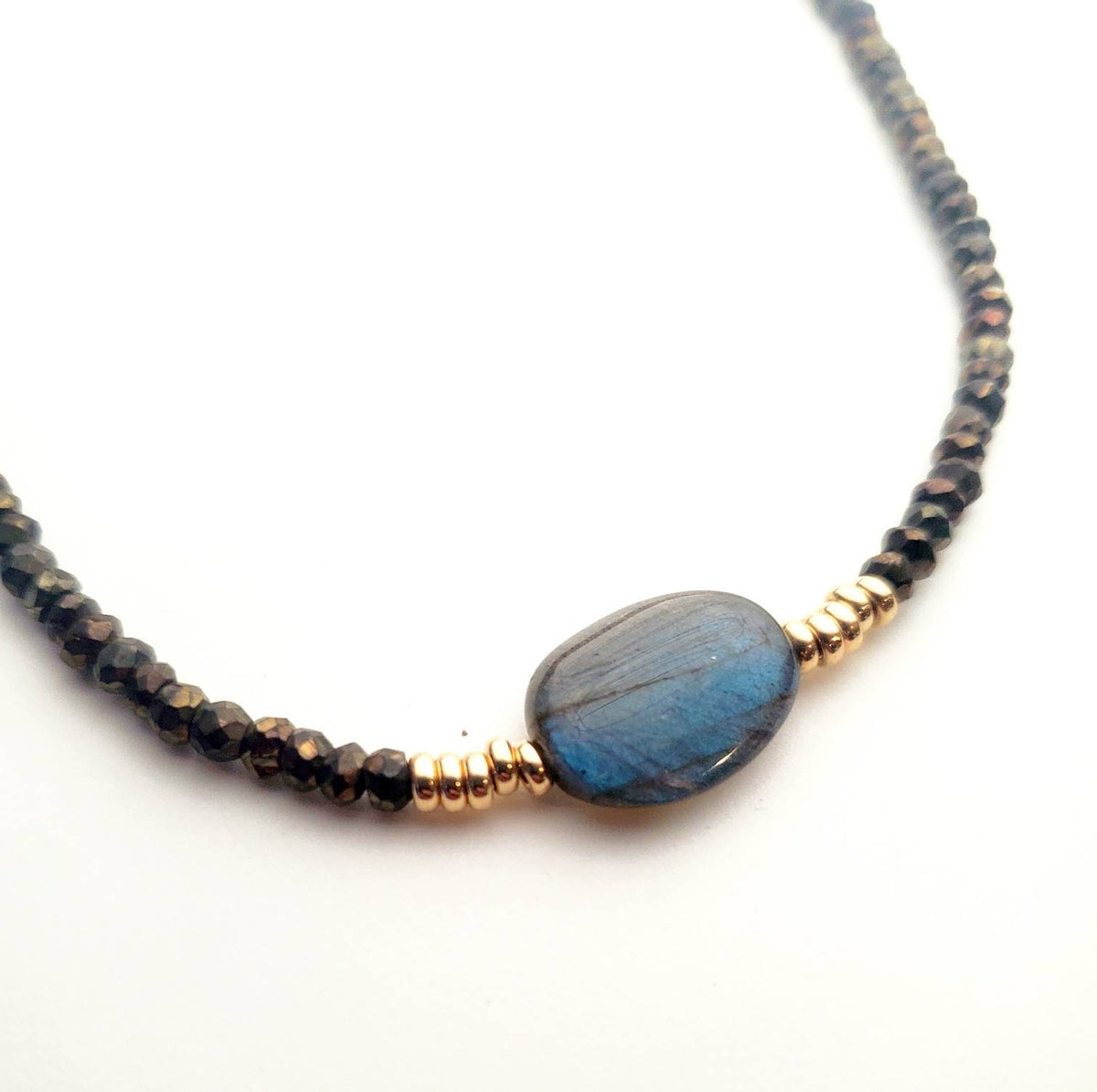 Labradorite, Pyrite, 14K Gold Filled Necklace, Blue Focal Stone, Charcoal Gray Faceted Gemstones, Round Gold Beads by E. Ria Designs
